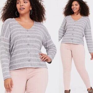 Torrid Gray Striped Hacci Boyfriend Long Sleeve Buttoned Sweater Top Size 1X